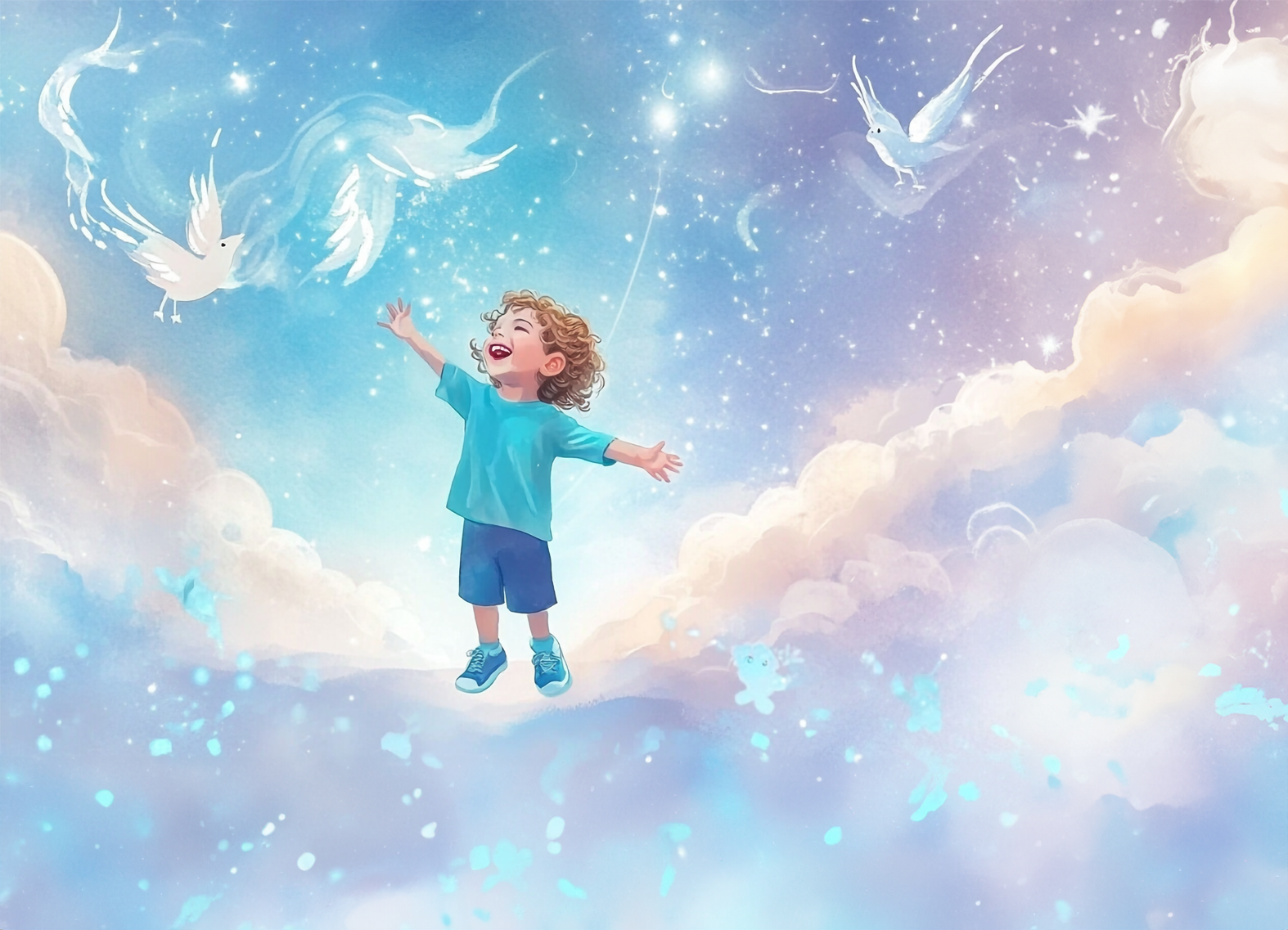 Illustrated boy standing on clouds with birds in a magical sky