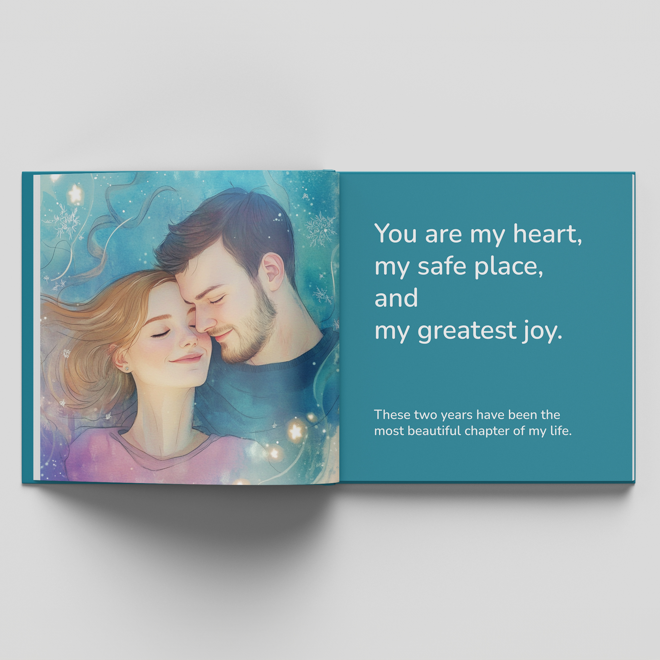 Open personalized romantic storybook showing intimate couple illustration