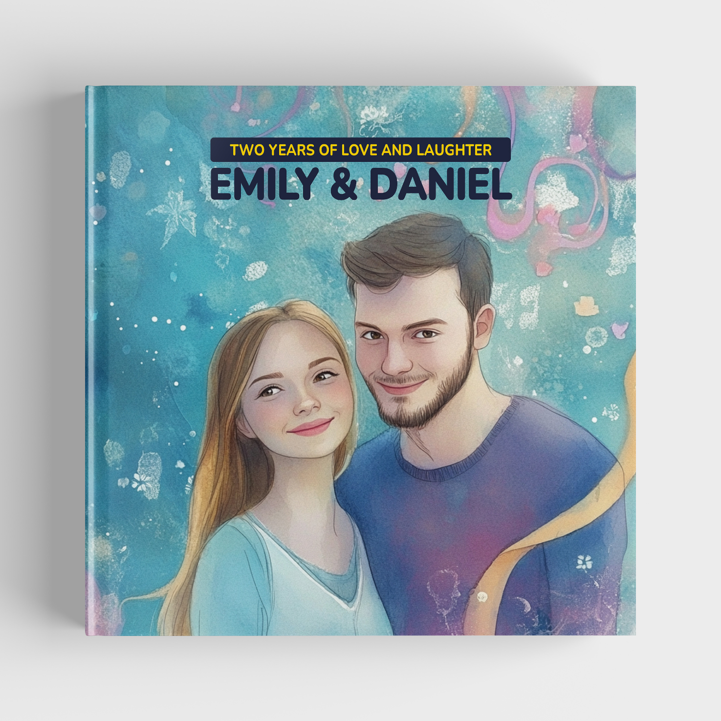 Personalized romantic storybook cover featuring Emily and Daniel