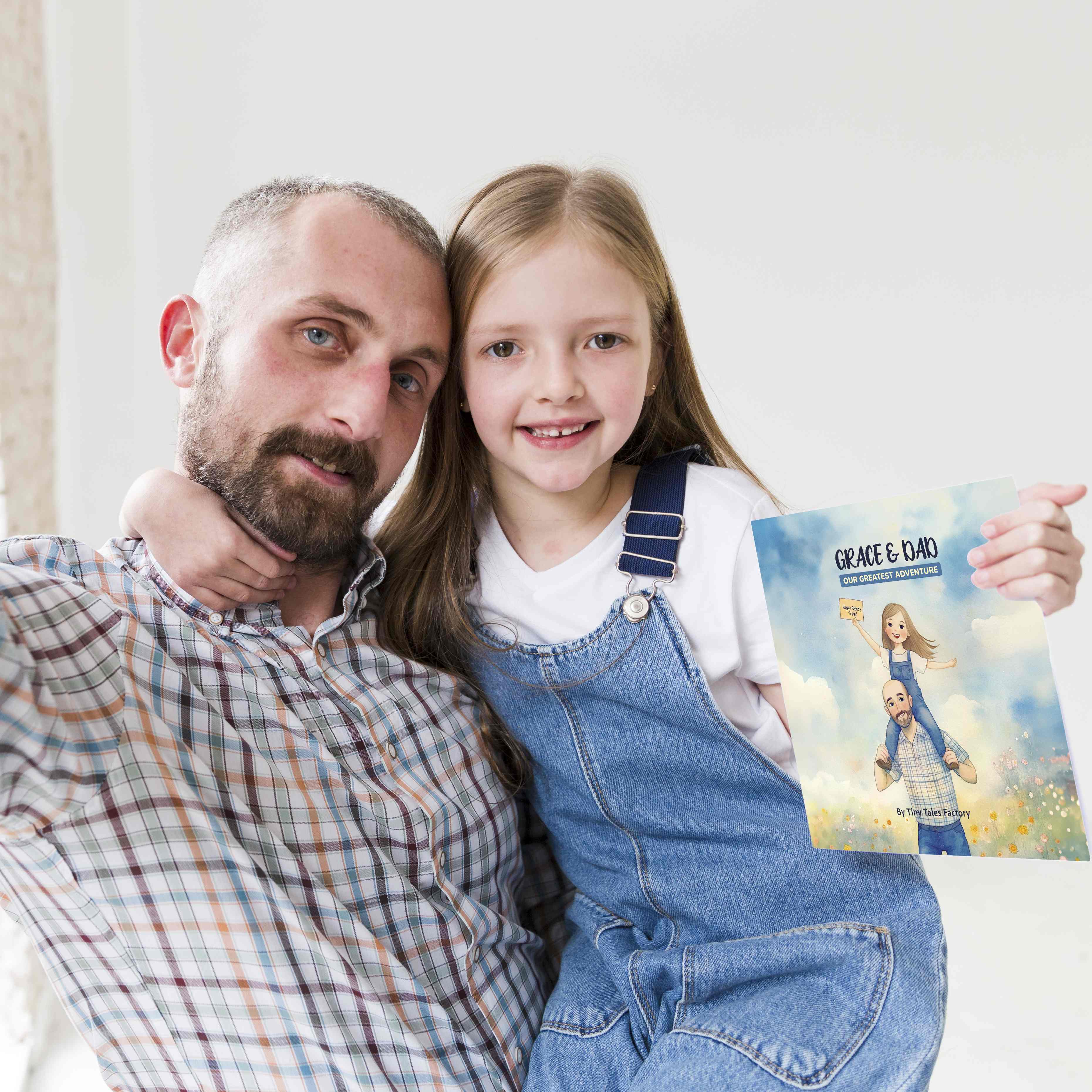 Father and daughter holding their personalized storybook Grace & Dad