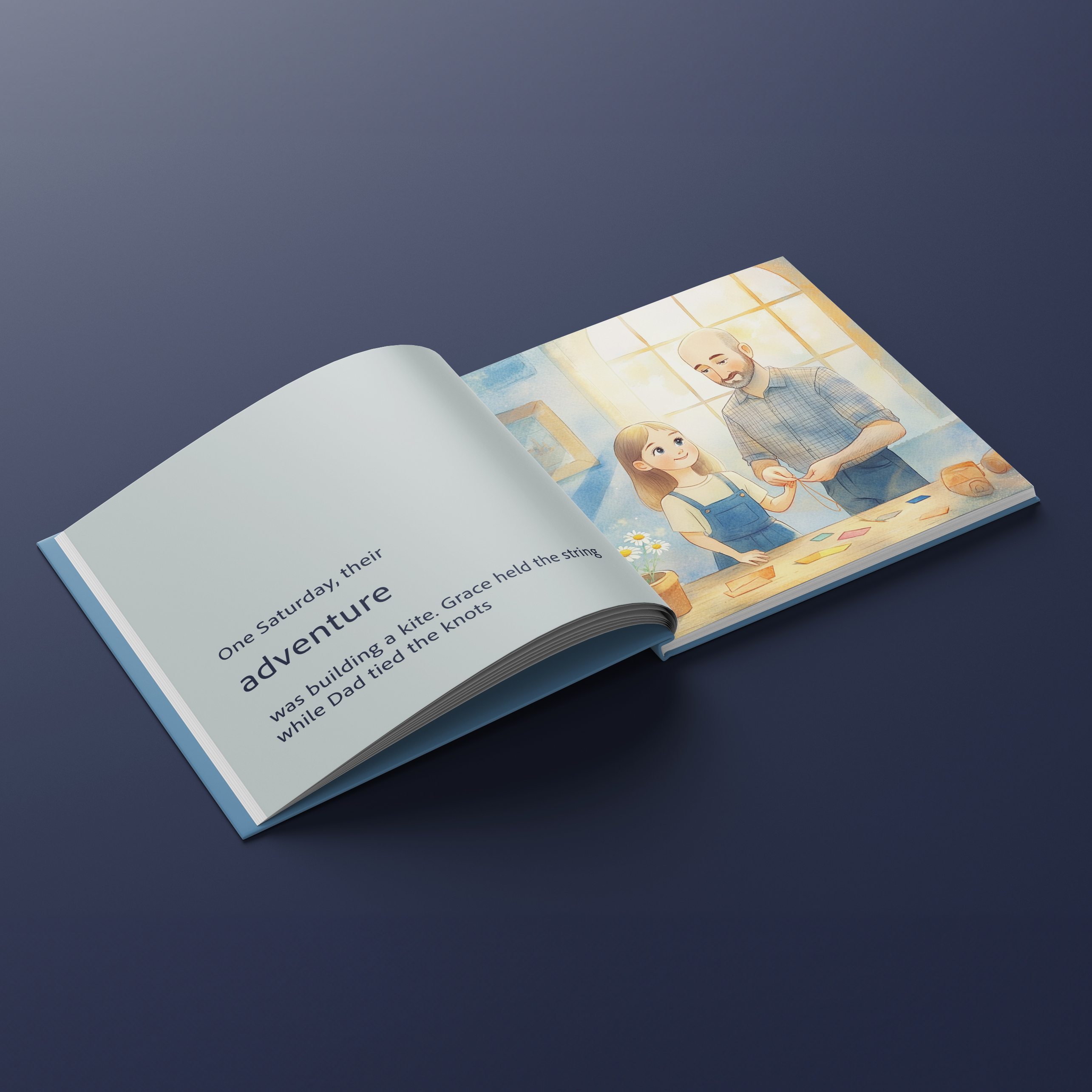 Open personalized storybook showing father and daughter building a kite together