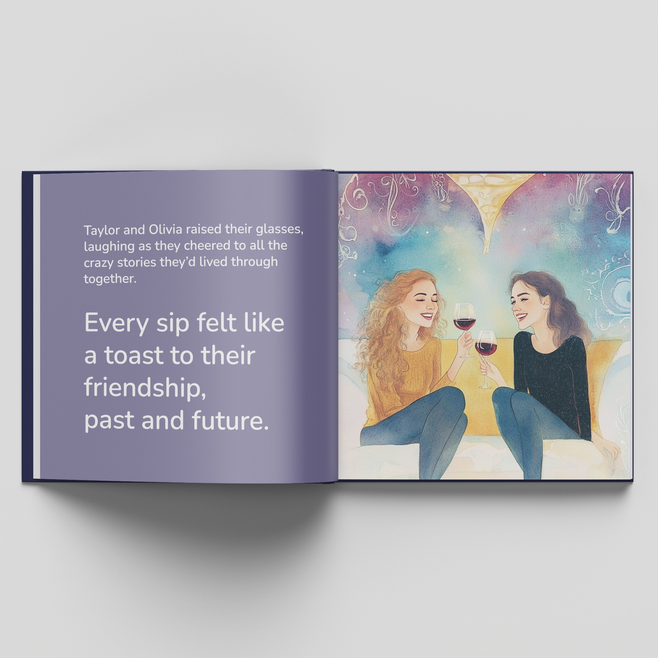 Open personalized friendship storybook showing Taylor and Olivia toasting their friendship