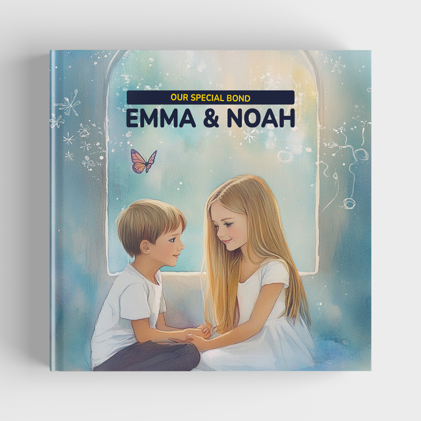Personalized sibling storybook 'Our Special Bond - Emma & Noah' showing two children in a magical setting