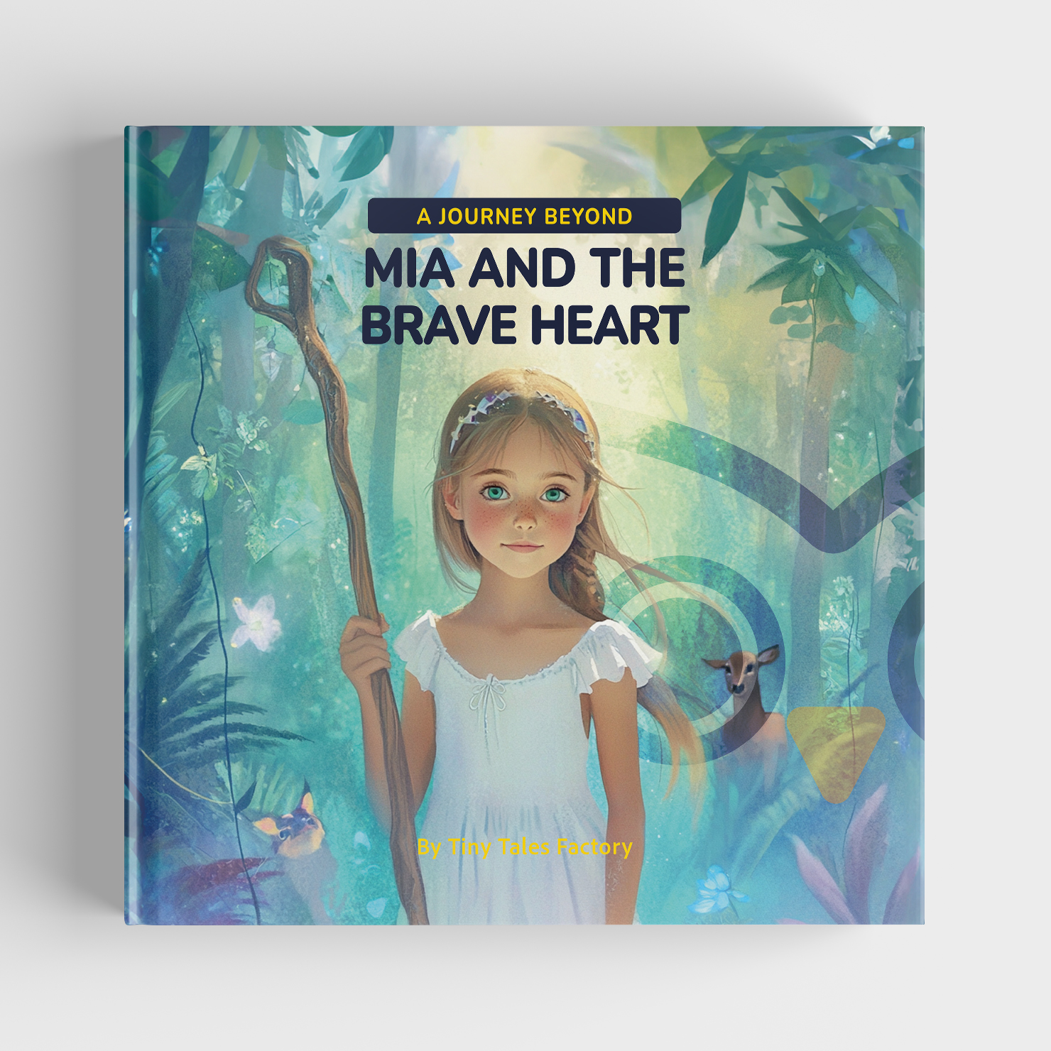Adventure storybook 'A Journey Beyond - Mia and the Brave Heart' showing a girl with a staff in a magical jungle