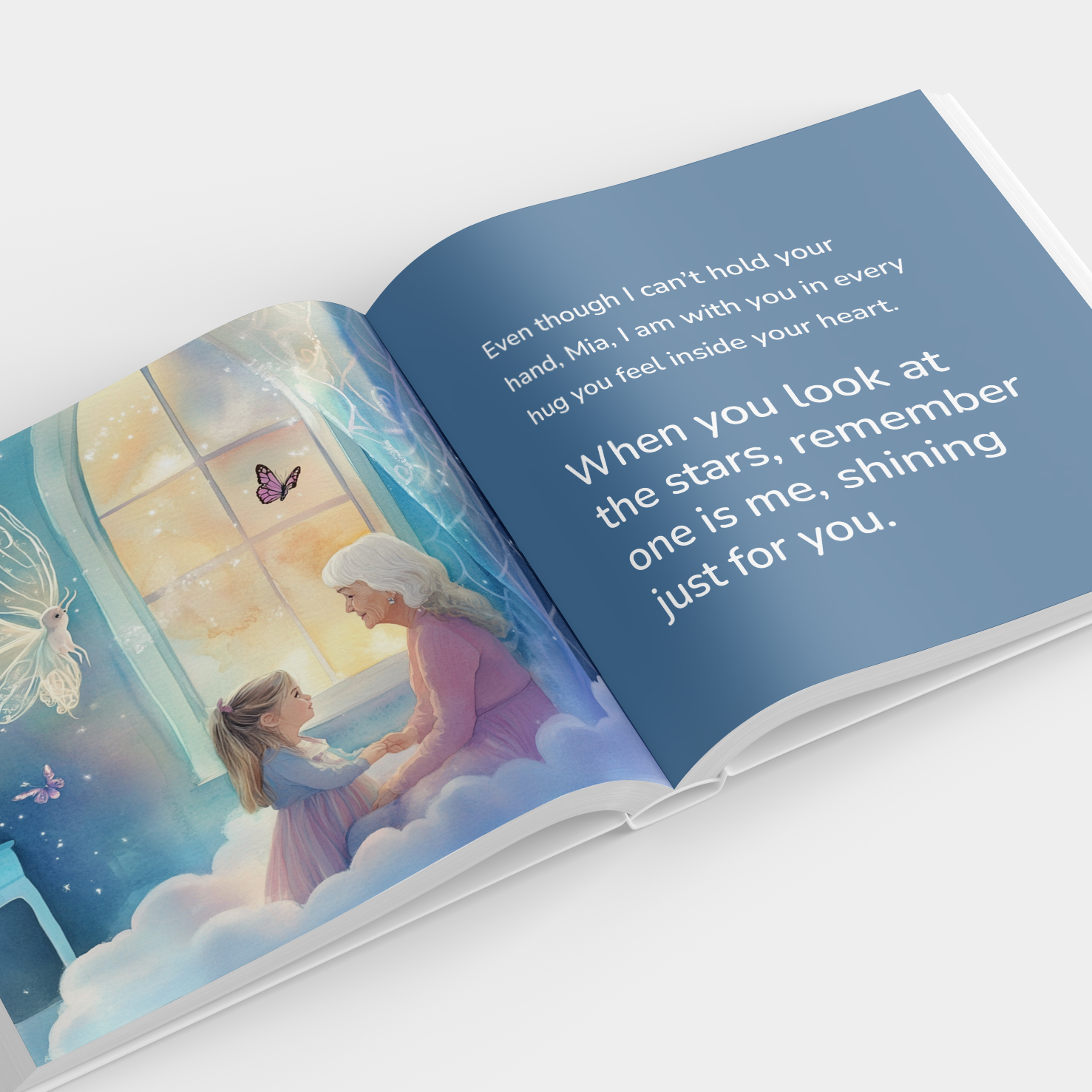 Memorial storybook page with comforting message