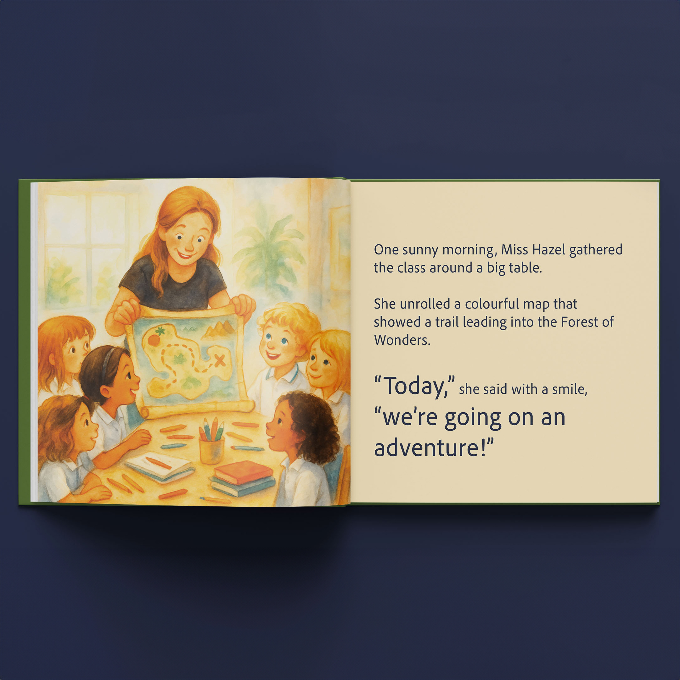 Inside view of personalized classroom storybook showing teacher and students