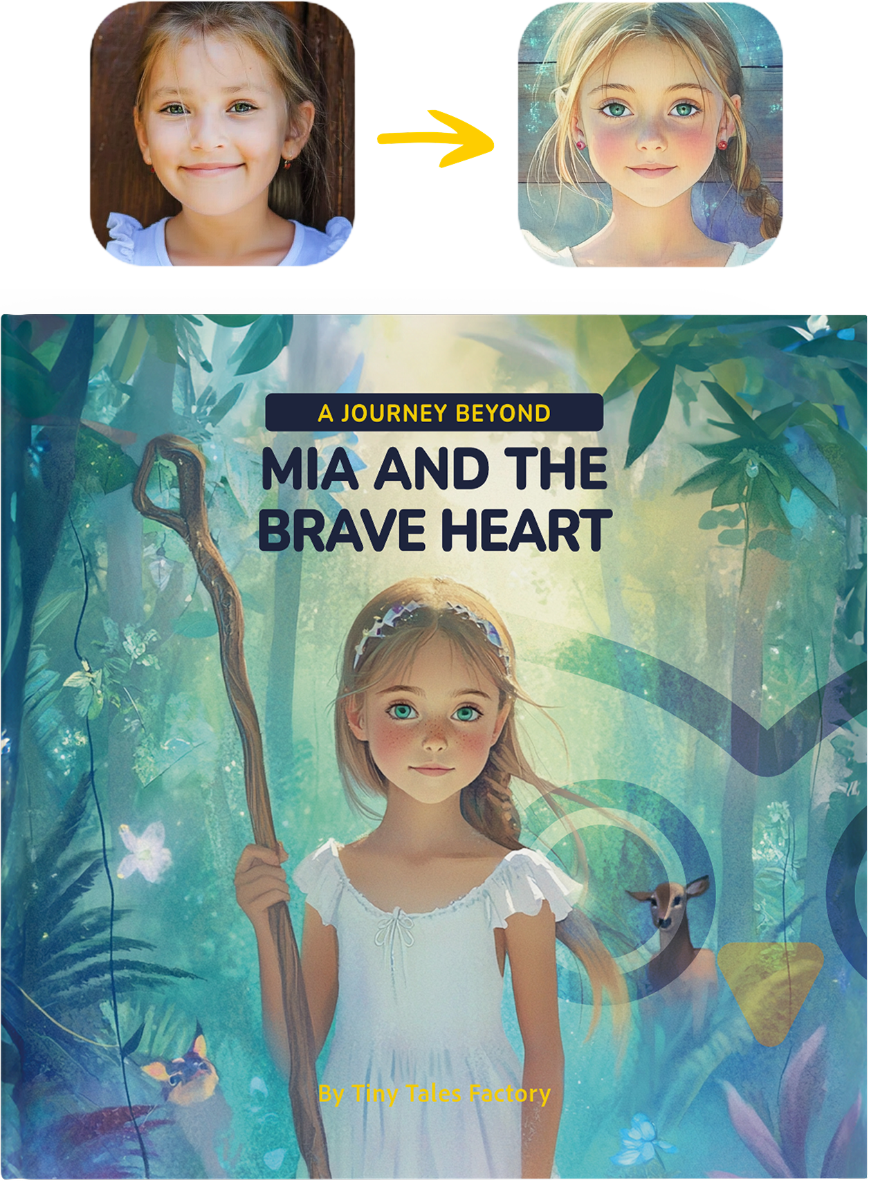 Mia's personalized adventure showing transformation from real photo to cartoon character with 'Mia and the Brave Heart' storybook