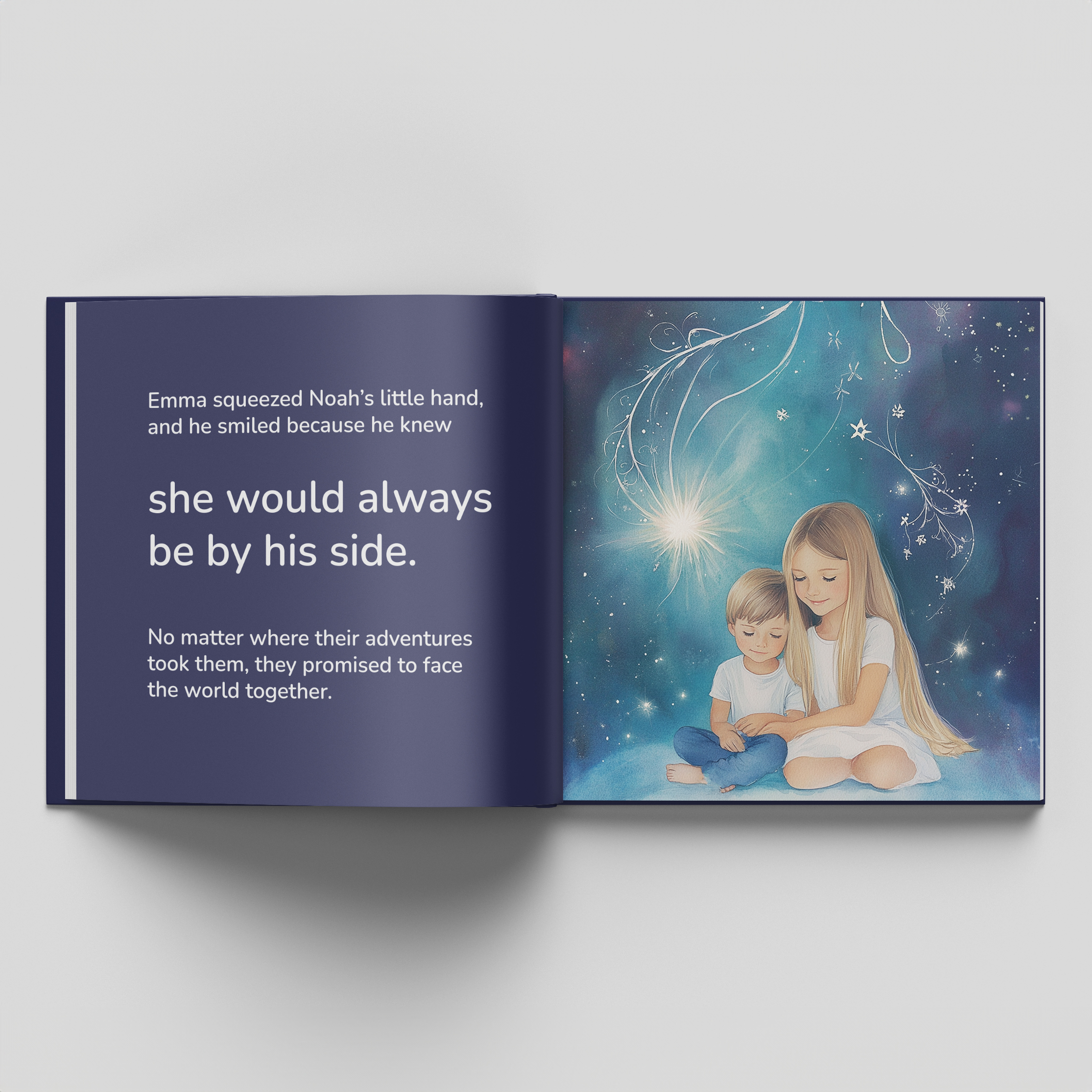 Open personalized sibling book showing beautiful story about Emma and Noah's bond
