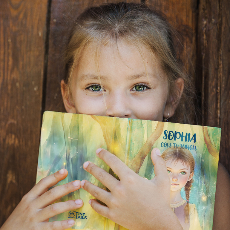 Girl with blonde hair holding her personalized storybook titled 'Sophia Goes to Jungle'