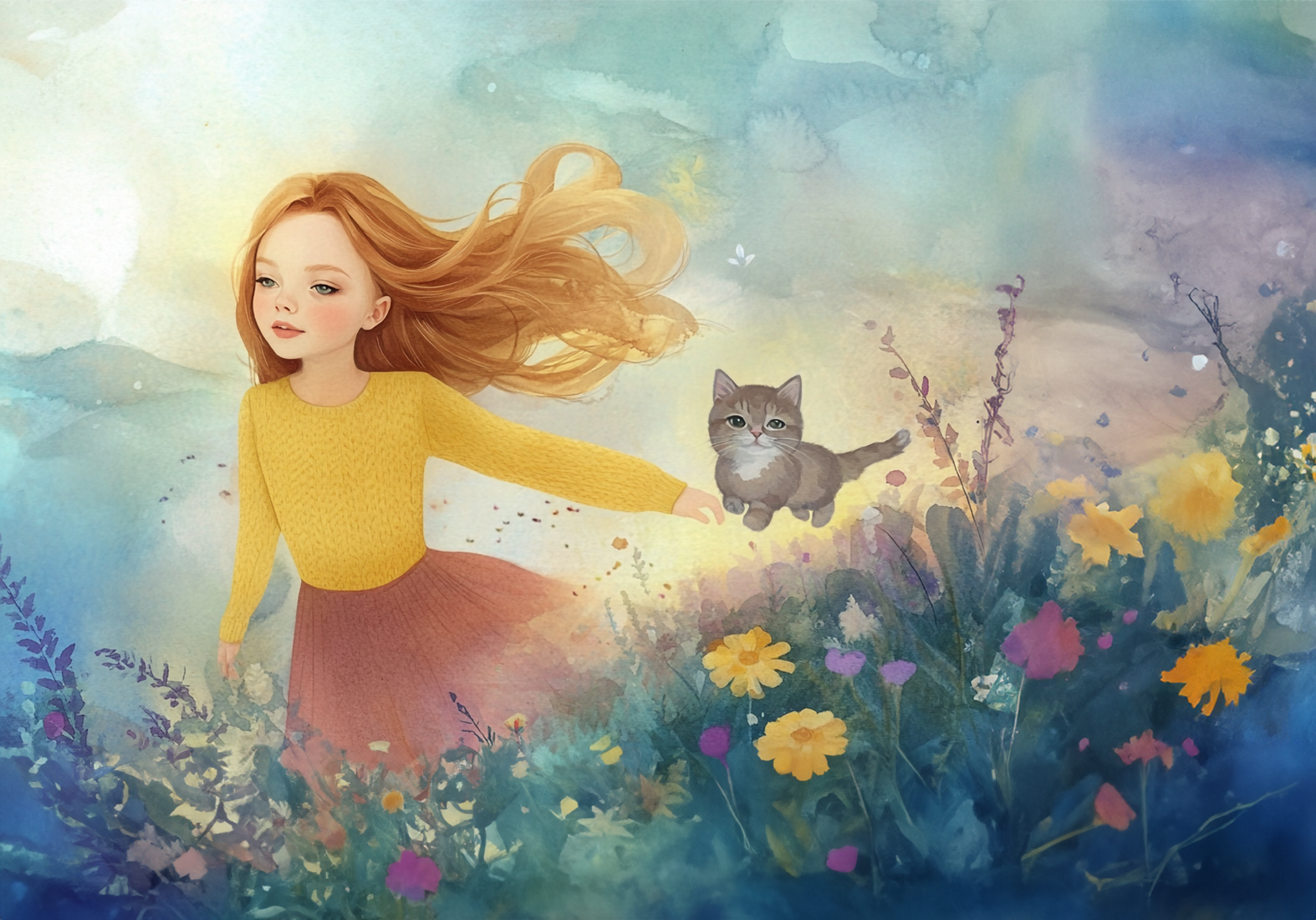 Illustrated girl in yellow sweater with cat in a magical garden